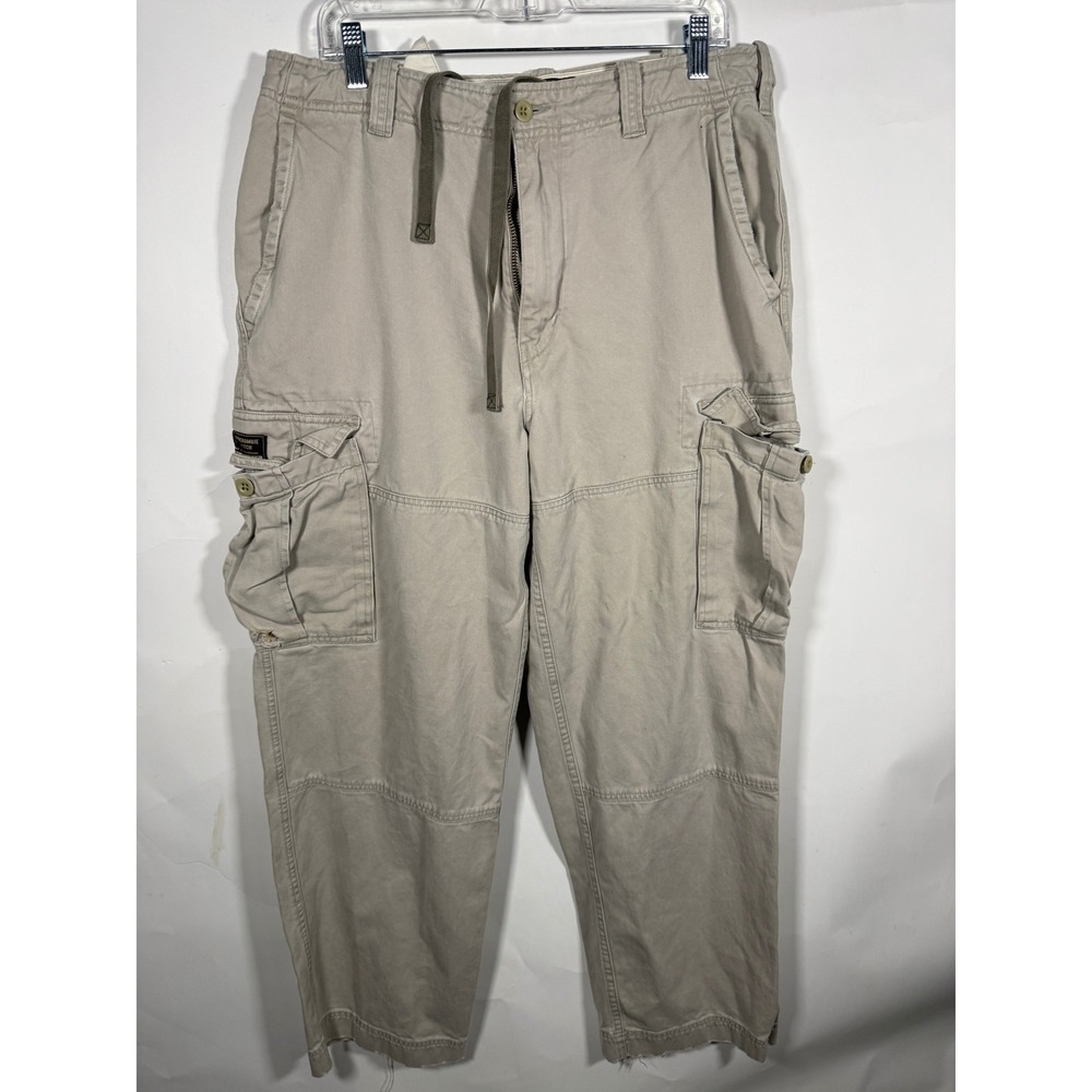 Abercrombie‎ & Fitch Mens Khaki Cargo Pants 34R Tan Cotton Drawstring Frayed Hem - Picture 1 of 9